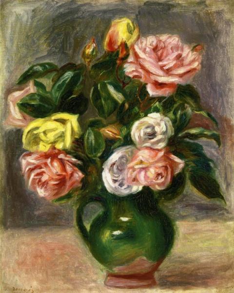 Bouquet Of Roses In A Green Vase by Pierre Auguste Renoir
