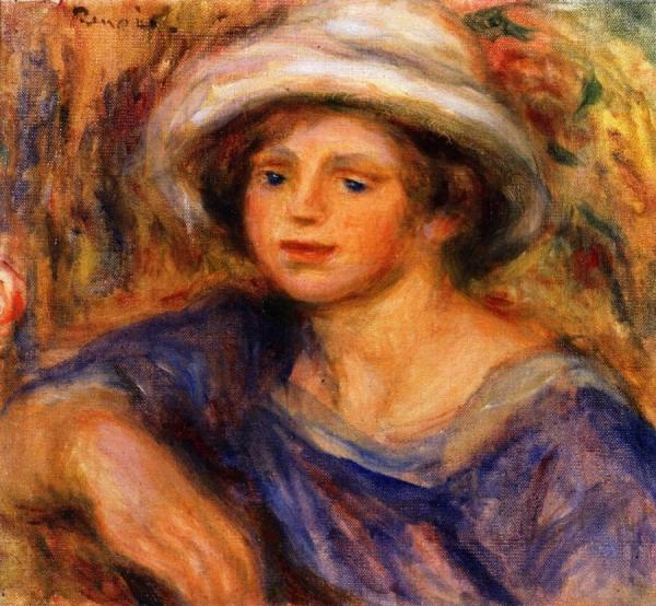 Bust Of A Girl With A White Hat by Pierre Auguste Renoir