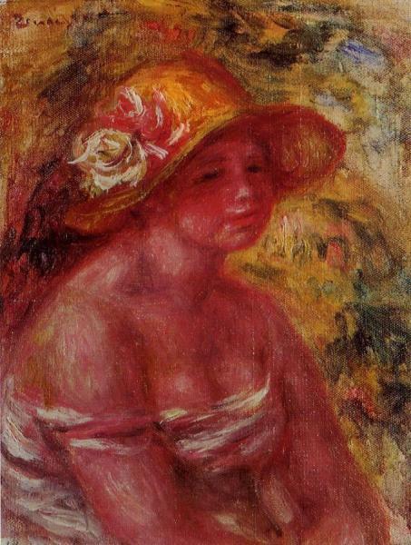 Bust Of A Young Girl Wearing A Straw Hat by Pierre Auguste Renoir