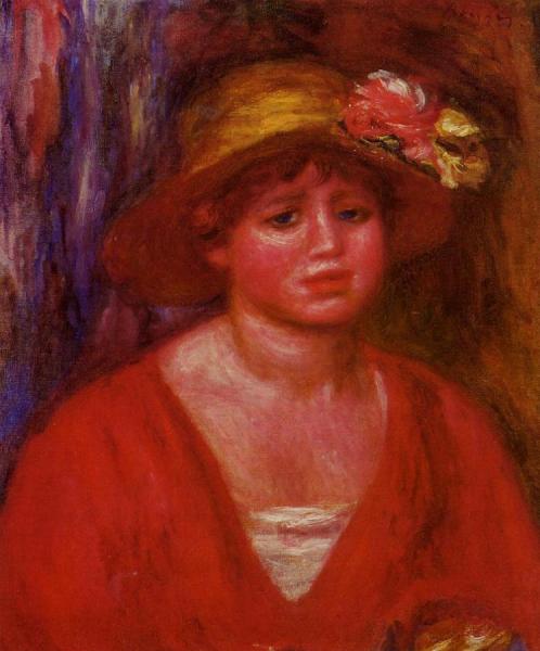 Bust Of A Young Woman In A Red Blouse by Pierre Auguste Renoir
