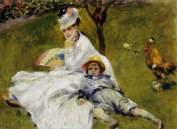 Camille Monet And Her Son Jean In The Garden At Argenteuil by Pierre Auguste Renoir
