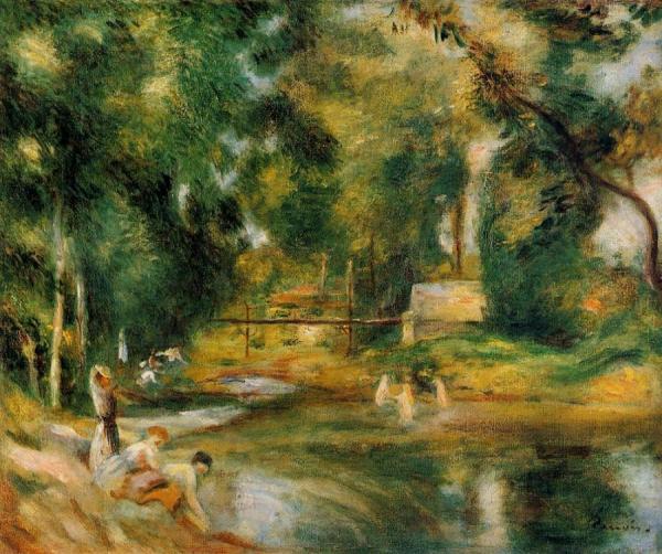 Essoyes Landscape - Washerwoman And Bathers by Pierre Auguste Renoir
