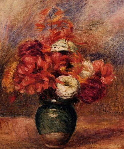 Flowers In A Green Vase - Dahlilas And Asters by Pierre Auguste Renoir