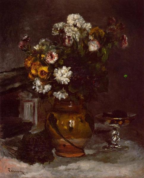 Flowers In A Vase And A Glass Of Champagne by Pierre Auguste Renoir