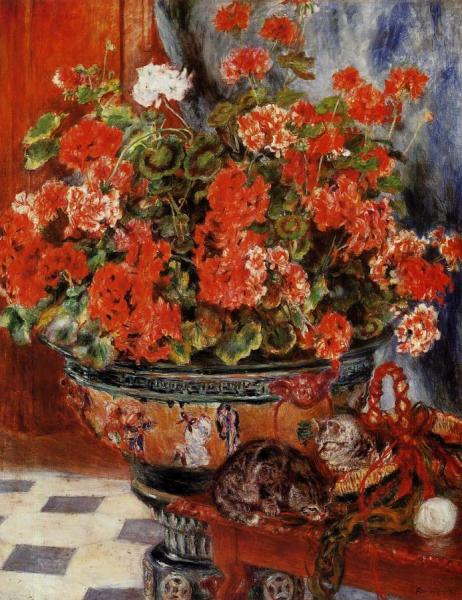 Geraniums And Cats by Pierre Auguste Renoir