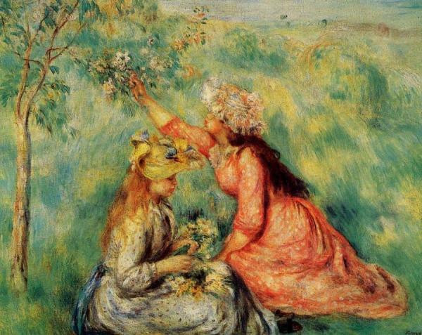 Girls Picking Flowers In A Meadow by Pierre Auguste Renoir