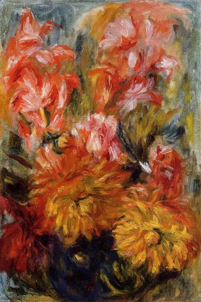 Gladiolas In A Blue Vase by Pierre Auguste Renoir