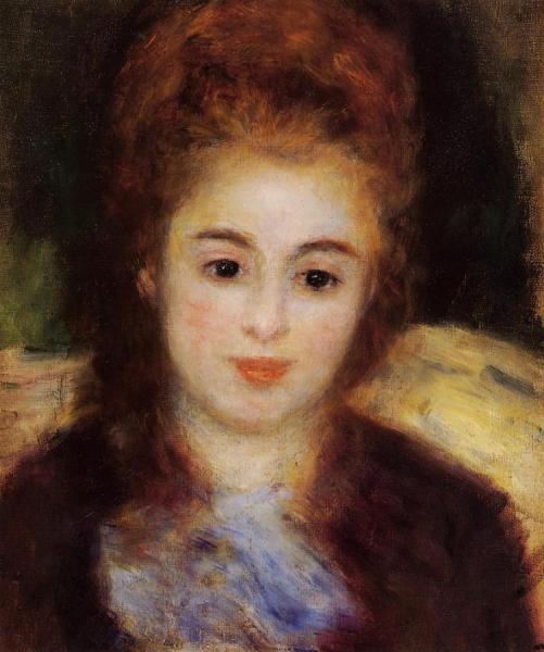 Head Of A Young Woman Wearing A Blue Scarf by Pierre Auguste Renoir