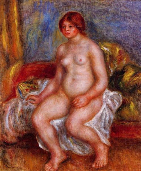 Nude Woman On Green Cushions by Pierre Auguste Renoir