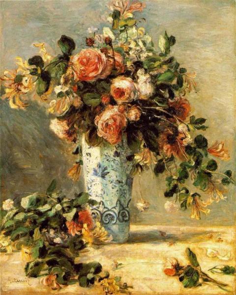 Roses And Jasmine In A Delft Vase by Pierre Auguste Renoir