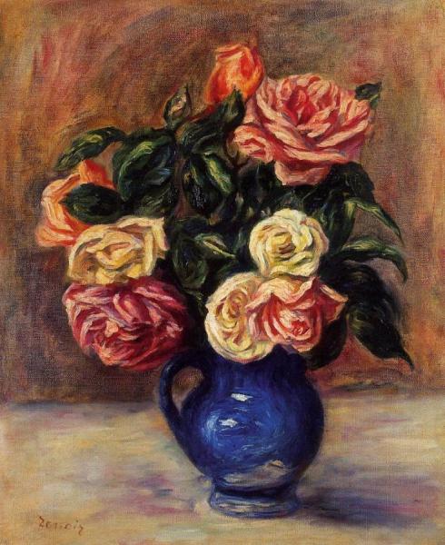 Roses In A Blue Vase by Pierre Auguste Renoir