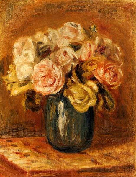 Roses In A Blue Vase by Pierre Auguste Renoir