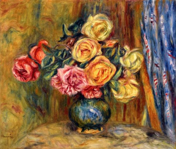 Roses With Blue Curtain by Pierre Auguste Renoir