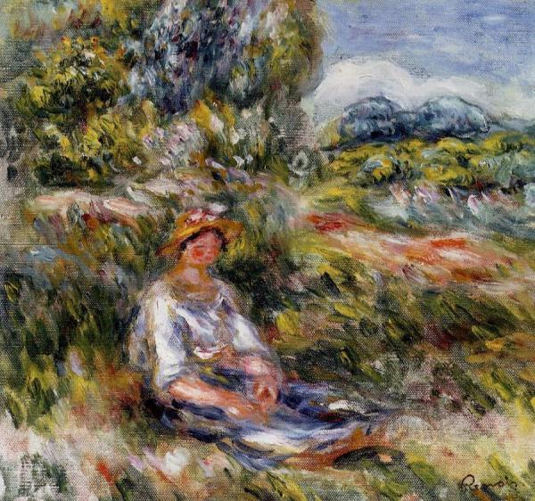 Young Girl Seated In A Meadow by Pierre Auguste Renoir