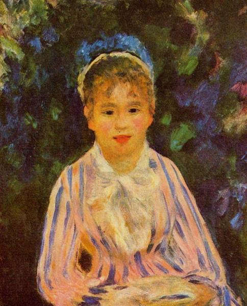 Young Woman In A Blue And Pink Striped Shirt by Pierre Auguste Renoir