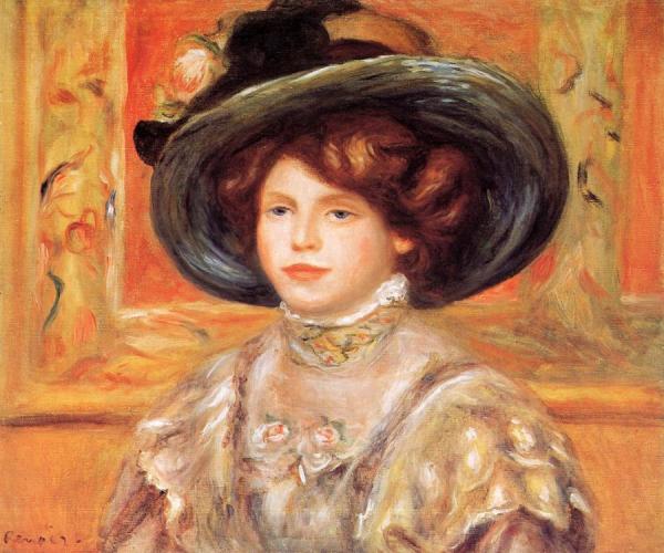Young Woman In A Blue Hat by Pierre Auguste Renoir Oil Painting Reproductions