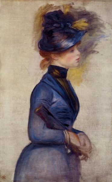Young Woman In Bright Blue At The Conservatory by Pierre Auguste Renoir