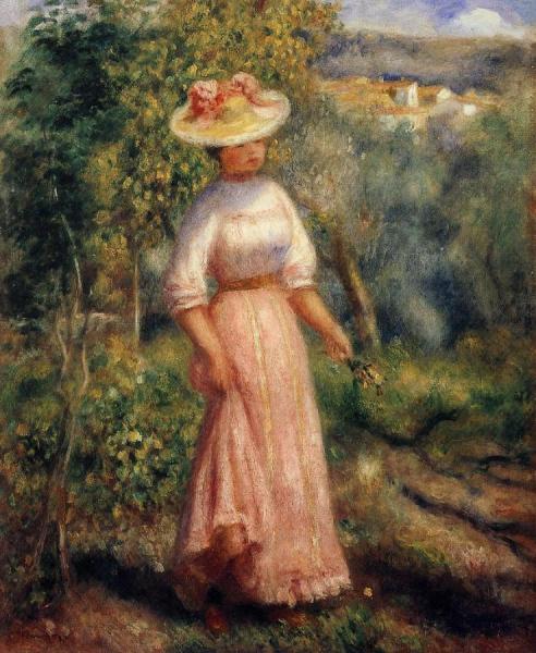 Young Woman In Red In The Fields by Pierre Auguste Renoir Oil Painting Reproductions