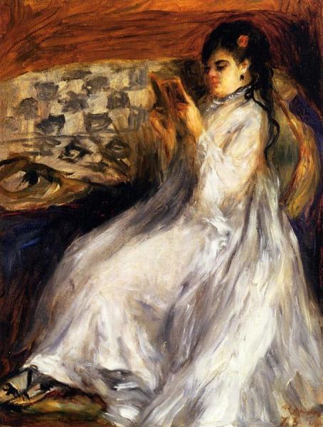 Young Woman In White Reading by Pierre Auguste Renoir