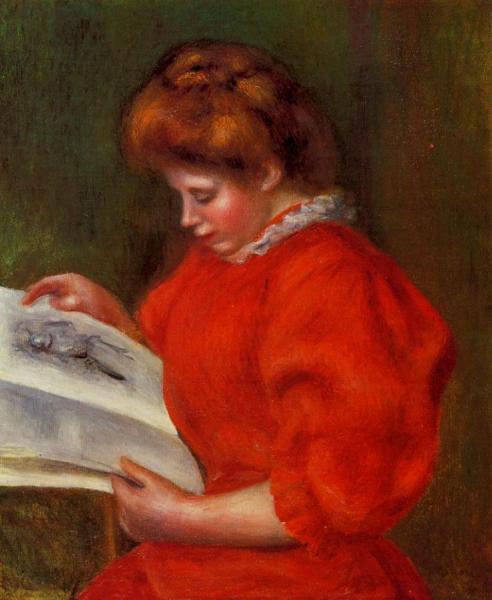 Young Woman Looking At A Print by Pierre Auguste Renoir Oil Painting Reproductions