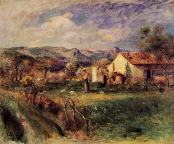 Young Woman Standing Near A Farmhouse In Milly by Pierre Auguste Renoir