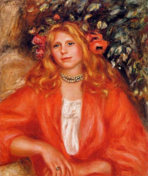 Young Woman Wearing A Garland Of Flowers by Pierre Auguste Renoir