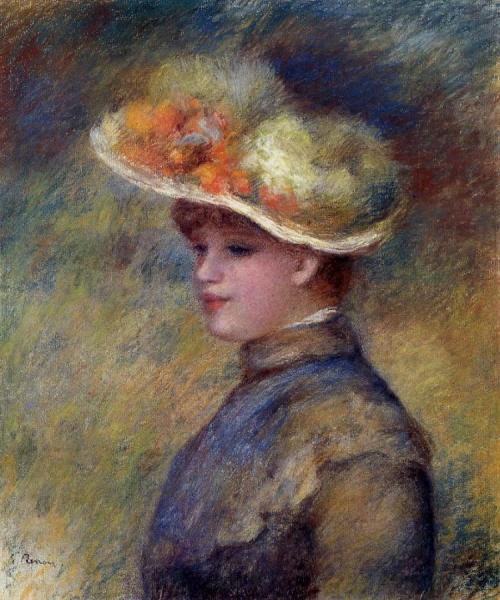 Young Woman Wearing A Hat by Pierre Auguste Renoir