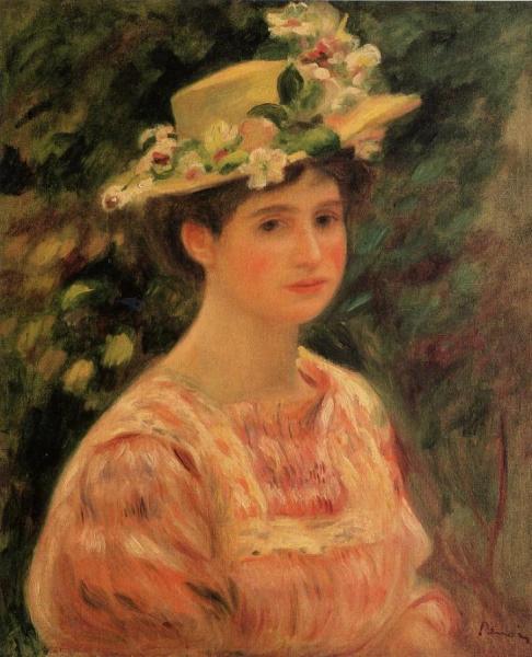 Young Woman Wearing A Hat With Wild Roses by Pierre Auguste Renoir