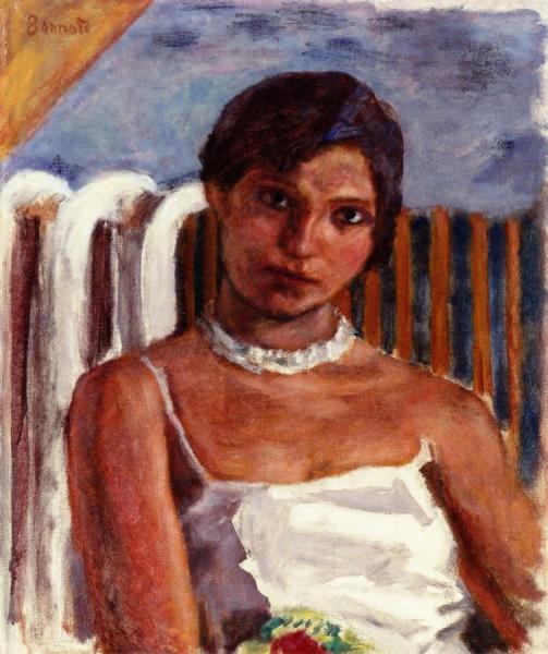 Brunette With White Necklace In Front Of A Radiator by Pierre Bonnard