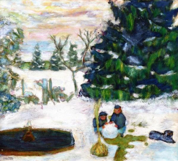 Snow Ball, Children And Dog In The Garden At Grand-lemps by Pierre Bonnard