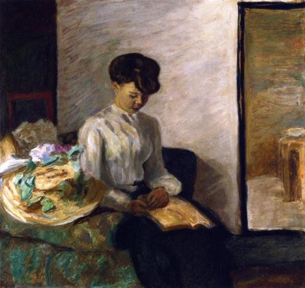 Young Woman Reading, Flowered Hat by Pierre Bonnard