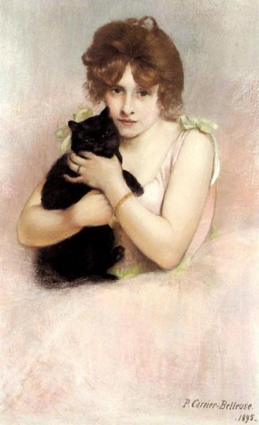 Young Ballerina Holding A Black Cat by Pierre Carrier-belleuse Oil Painting Reproductions
