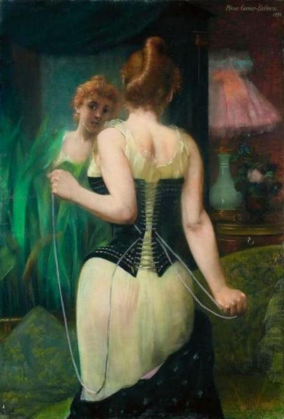 Young Woman Adjusting Her Corset Before Mirror by Pierre Carrier-belleuse Oil Painting Reproductions