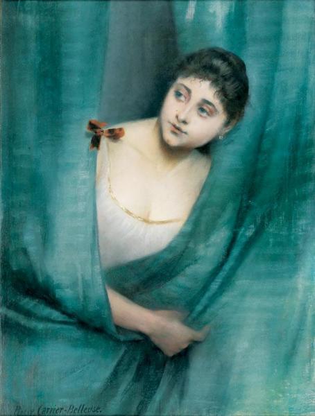 Young Woman Behind The Blue Curtain by Pierre Carrier-belleuse Oil Painting Reproductions