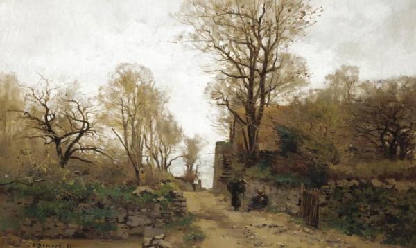 Landscape With Figures Resting On A Path And The Sea In The Distance by Pierre Emmanuel Eugene Damoye