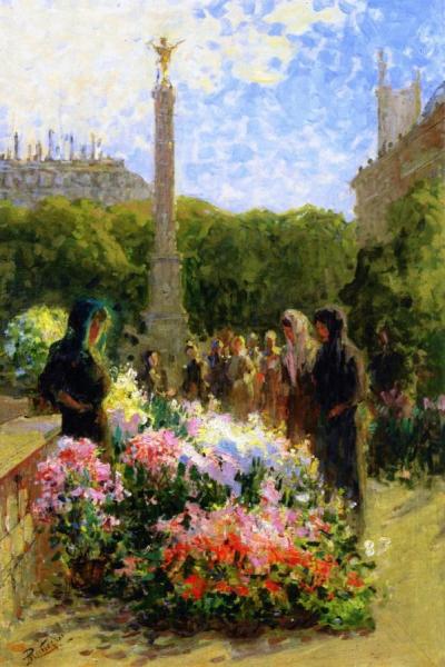 L'Île De La Cité, La Fontaine Du Palmier Et Le Marché Aux Fleurs by Pierre Eugène Montézin