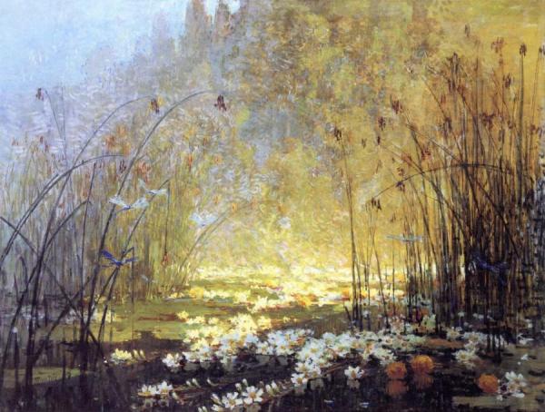 Pond With Waterlilies And Dragon Flies by Pierre Eugène Montézin