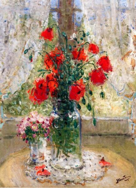 Poppies And Daisies In Front Of The Window by Pierre Eugène Montézin