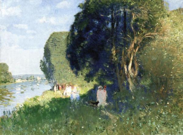 Strollers On The Banks Of The Seine A Veneux Les Sablons by Pierre Eugène Montézin