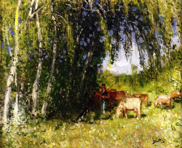 The Herd Under The Birches In The Hollow by Pierre Eugène Montézin