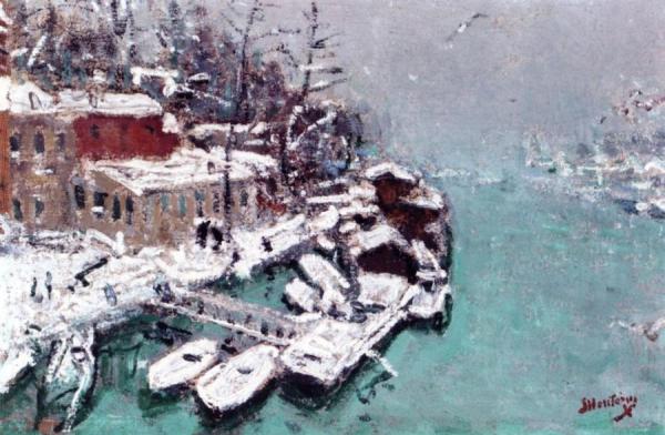 Train Of Barges In The Snow by Pierre Eugène Montézin