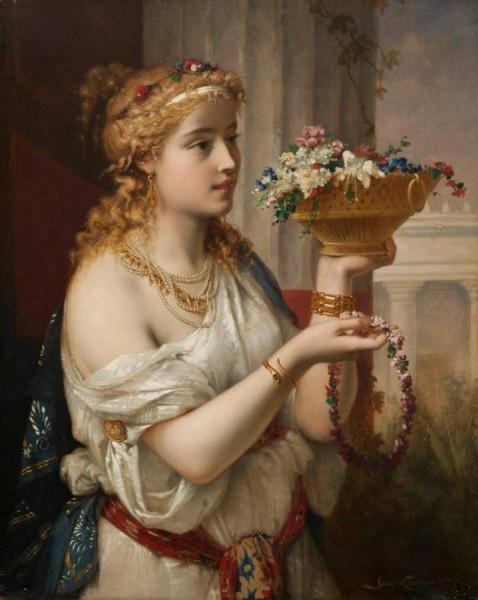 Young Girl With Flowers by Pierre Olivier Joseph Coomans