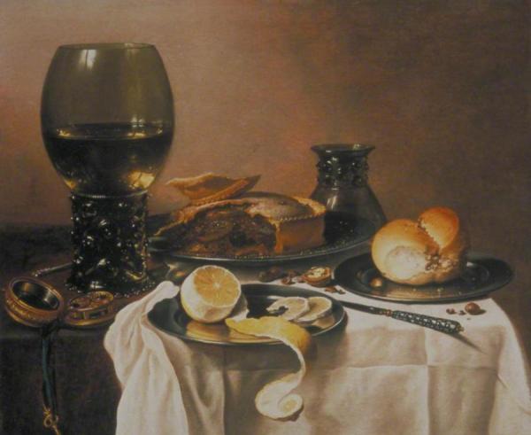 Breakfast Still Life With Roemer, Meat Pie, Lemon And Bread by Pieter Claesz