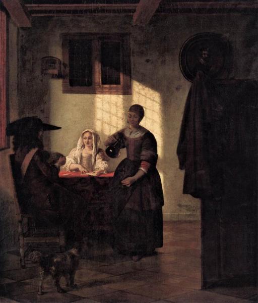 A Couple Playing Cards, With A Serving Woman by Pieter De Hooch