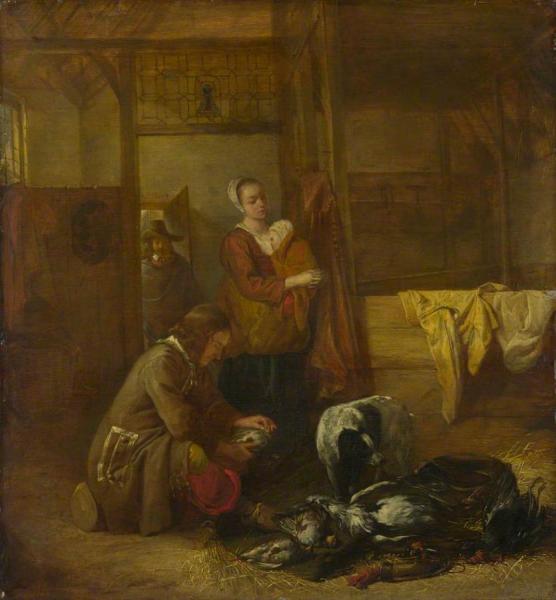 A Man With Dead Birds, And Other Figures, In A Stable by Pieter De Hooch