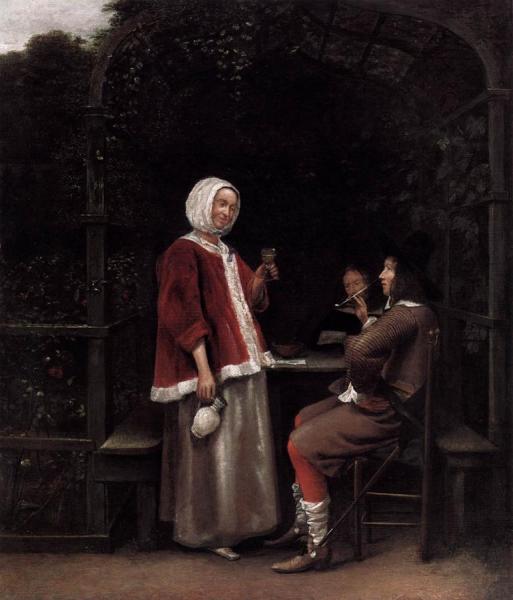 A Woman And Two Men In An Arbour by Pieter De Hooch