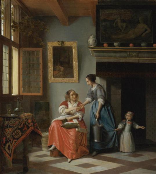 A Woman Handing A Coin To A Serving Woman With A Child by Pieter De Hooch