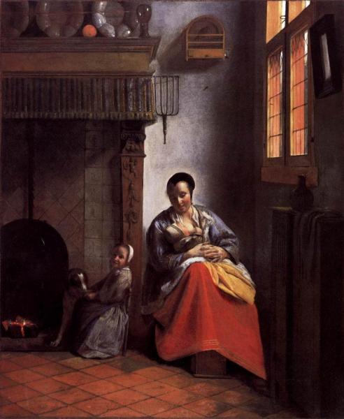 A Woman Nursing An Infant With A Child And A Dog by Pieter De Hooch
