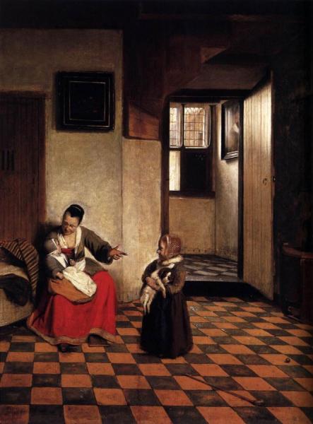 A Woman With A Baby In Her Lap, And A Small Child by Pieter De Hooch