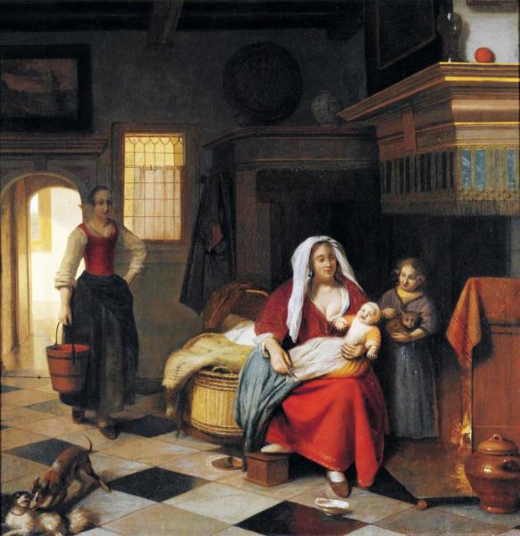 An Interior With A Mother And Her Children Before A Fireplace by Pieter De Hooch